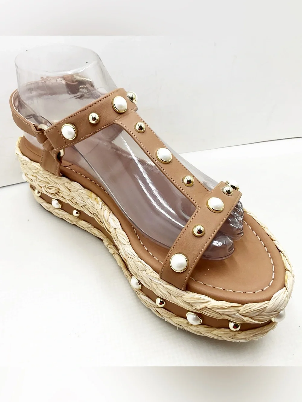 {Stuart Weitzman} Beraffia Pearl Studded Platform Sandals